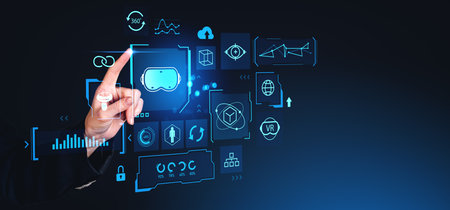 Woman finger touch metaverse hologram with digital icons, data blocks and indicators. Online...