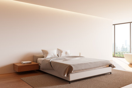 Corner view of luxury hotel bedroom interior with bed and nightstand, carpet on hardwood floor. Mock up copy space wall and panoramic window on Bangkok skyscrapers. 3D renderingの写真素材