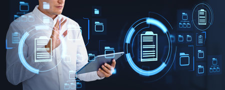 Businessman waving hand to tablet, online database and business folders storage and files archive....
