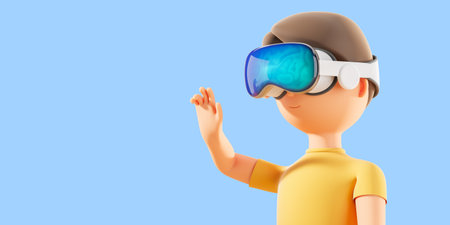 Cartoon man portrait in vr glasses headset, hand touch something on empty copy space blue background. Concept of metaverse, futuristic technology and cyberspace. 3D rendering illustrationの写真素材