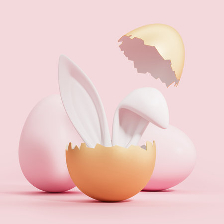Cracked or broken egg with bunny ears on pink background. Concept of Easter egg decoration and hunt, holiday and celebration. 3D rendering illustrationの写真素材