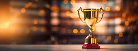 Elegant trophy cup on a reflective surface with bokeh lights. Winning and celebration concept. Generative AIの素材