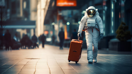 Astronaut with suitcase walking in city shopping area at dusk. Urban exploration concept. Generative AIの素材