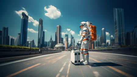Astronaut standing with luggage against city skyline backdrop. Future travel theme. Generative AIの素材