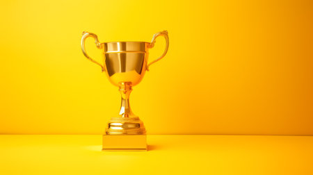 Shiny trophy gold cup on vibrant yellow background. Victory and success concept. Generative AIの素材