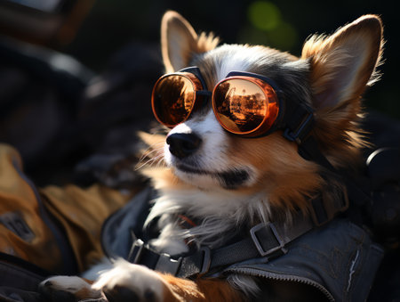 Corgi Breed Dog in aviator glasses with sunset reflection, adventure theme. Canine fashion statement. Generative AIの素材