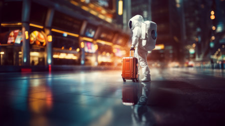 Astronaut with suitcase walking in city shopping area at night. Urban exploration concept. Generative AIの素材