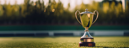 Soccer ball trophy on stadium field with sunlight flare. Championship concept. Generative AIの素材