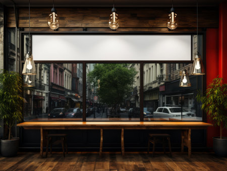 Chic urban cafe with panoramic street view and mockup board. Modern design. Generative AIの素材