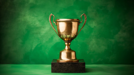 Golden trophy against a moody green backdrop, symbolizing prestige and success. Generative AIの素材