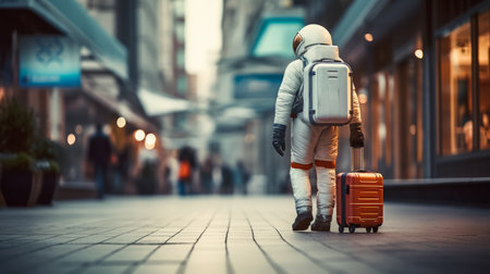 Astronaut in suit with orange suitcase on pedestrian city street. Urban travel concept. Generative AIの素材