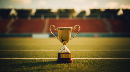 Elegant trophy cup on athletic track in stadium during sunrise. Success and competition concept. Generative AIの素材