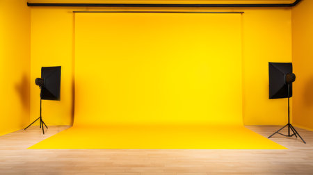 Empty photo studio with vibrant yellow background and professional lights. Creative space concept. Generative AIの素材