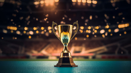 Golden trophy on a stadium field with blurred lights in the background. Success concept. Generative AIの素材