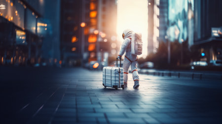 Astronaut with suitcase walking in illuminated town at night. Urban space travel concept. Generative AIの素材