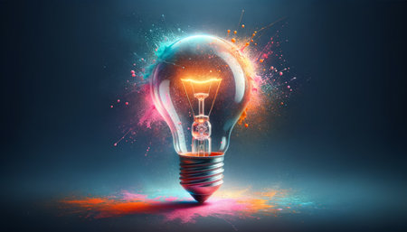 Illuminated lightbulb with colorful splash on black background. Creativity and art concept. Generative AIの素材