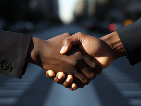 Business handshake silhouette, sunset city background, closing deal concept. Generative AIの素材