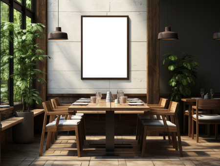 Stylish restaurant interior with empty poster frame. Minimalistic design. Generative AIの素材