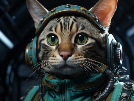 Tabby cat in an astronaut helmet with a dark space background. Adventure theme. Generative AIの素材