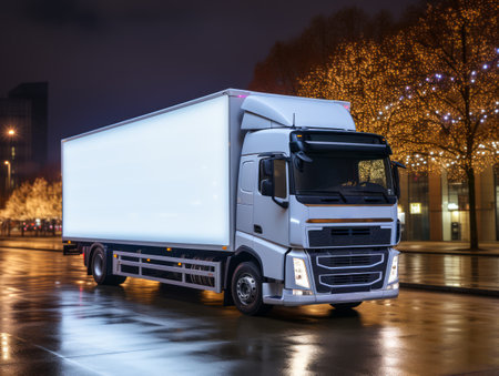 White delivery truck on wet city road at night with glowing streetlights. Shipping concept. Generative AIの素材