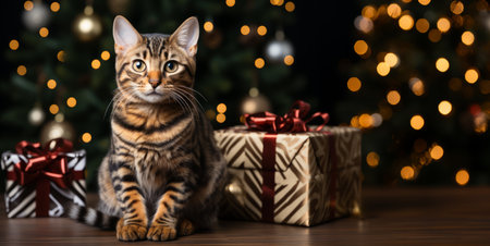 Bengal cat with holiday gifts, sparkling Christmas tree backdrop. Celebration concept. Generative AIの素材