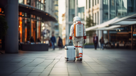 Astronaut with white suitcase walking in city shopping area. Urban exploration concept. Generative AIの素材