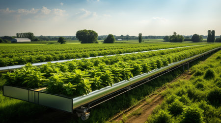 Organic greenhouse farm with rows of plants, agriculture concept. Outdoor farming. AI Generativeの素材
