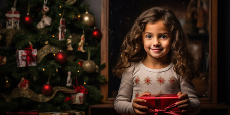 Curly-haired child holding red Christmas present, adorned tree in the background. Generative AIの素材