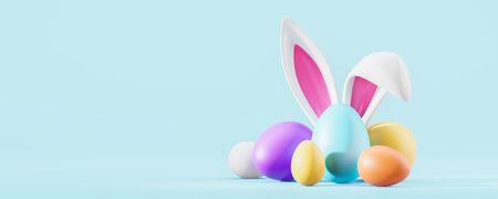 Colorful eggs and big bunny ears, empty copy space blue background. Concept of Happy Easter, hunt, decoration and holiday sale. 3D rendering illustrationの写真素材