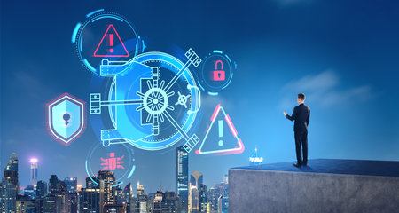 Man standing on a concrete platform, glowing hologram with bank vault and protective icons. Business...