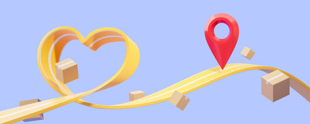 Falling parcels and red location mark, geo tag on a heart shaped yellow road on blue background. Concept of delivery with love and care. 3D rendering illustrationの写真素材