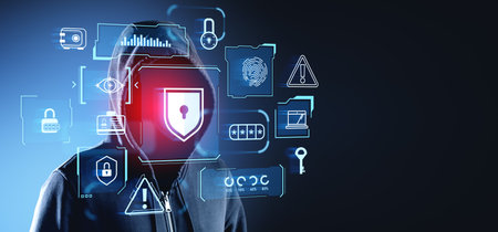 Hooded man hacker, double exposure glowing online cybersecurity icons, padlock shield and warning...