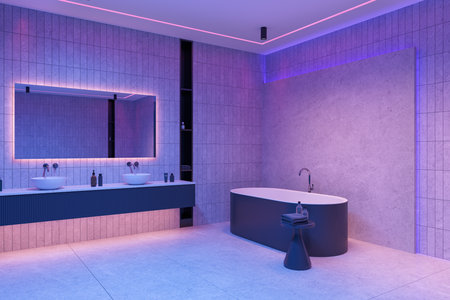 Neon hotel bathroom interior with bathtub, double sink with vanity and mirror. Bathing corner with tub and side table, accessories and night lighting. 3D renderingの写真素材