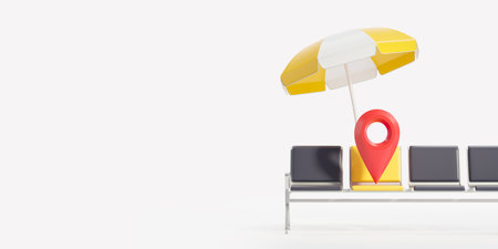 Waiting chairs at the airport, red geo tag and sun umbrella on empty white copy space background. Concept of tourism, holiday and destination. 3D rendering illustrationの写真素材