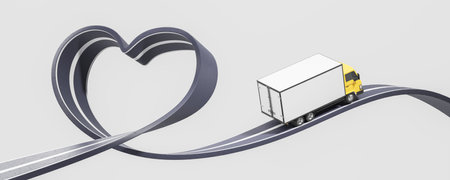 Delivery van moving on a heart shaped asphalt road. Concept of transportation, shipping service,...