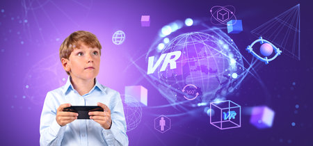 Little boy holding smartphone standing over purple background with VR virtual reality icons. Concept...