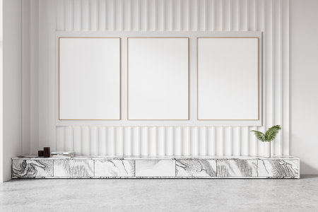 Luxury home living room interior with marble sideboard and art decoration, light concrete floor. Modern apartment with three mock up canvas posters in row. 3D renderingの写真素材