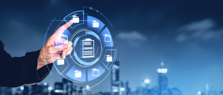 Man finger touching glowing document management system hologram, files, documents or smart contract....