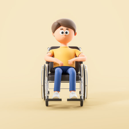 View of smiling cartoon man sitting in wheelchair over yellow background. Concept of accessibility and support. 3d renderingの写真素材