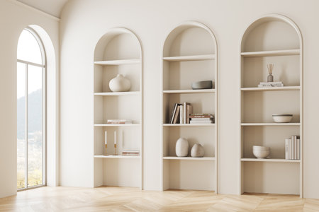Corner view of elegant home interior living room with arched built in shelf, art decoration and books. Beige minimalist design and panoramic window on countryside. 3D renderingの写真素材