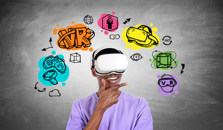 Happy black man portrait in vr headset, colorful virtual reality doodle sketch icons on chalkboard....