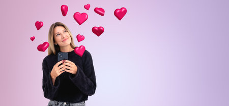 Portrait of happy young woman standing with smartphone with social media icons over purple copy...