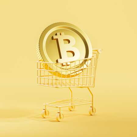 Shopping cart with large bitcoin on gold background, cryptocurrency buy and sell. Concept of investment, digital money and trading. 3D rendering illustrationの写真素材