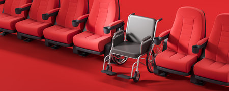 Top view of black modern leather wheelchair in cinema. Row of red soft armchairs. Concept of disability, entertainment and inclusive theater. 3D rendering illustrationの写真素材