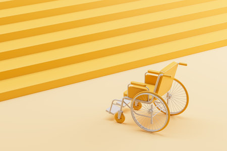Cartoon yellow wheelchair near stairs, difficulties and medical help. Concept of disability, hospital, health care, recovery and treatment. 3D rendering illustrationの写真素材
