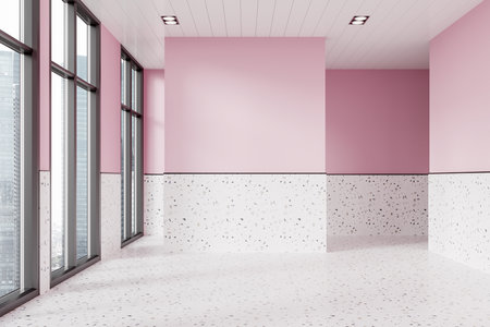 Pink hotel bathroom interior with panoramic window on Singapore skyscrapers, flake flooring. Empty bathing area in colored open space room with no furniture. 3D renderingの写真素材