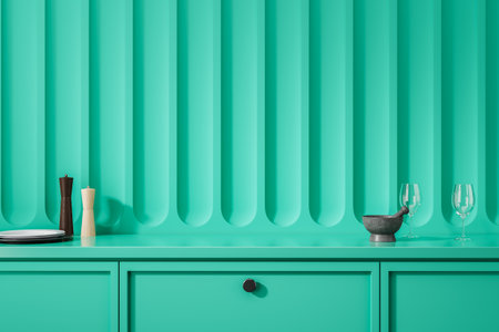 Colored kitchen interior with wine glasses and kitchenware on counter, spices and plates. Closeup of green minimalist cooking space with dishes. 3D renderingの写真素材