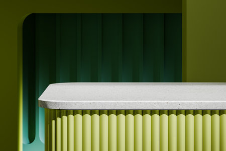 Quartz podium with green design, long empty platform for goods showcase and presentation. Mockup for product display and discount. 3D rendering illustrationの写真素材