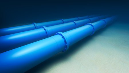 A series of large blue pipes designed for transportation of gas or oil, set against a dark blue background, illustrating industrial infrastructure. 3D Renderingの写真素材