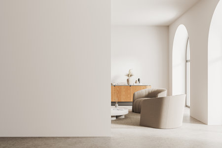 Cozy home living room interior with two soft armchairs, sideboard and coffee table with art decoration. Relaxing space with panoramic arched window. Mockup empty wall partition. 3D renderingの写真素材